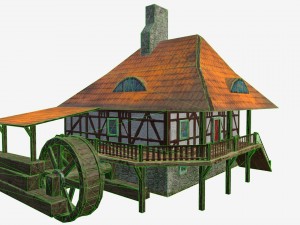low poly water mill with hi and low lods game mode Modèle 3D