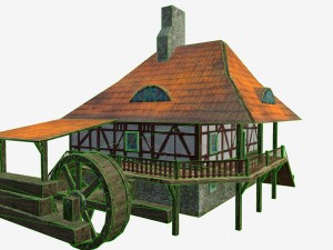 low poly water mill with hi and low lods game mode Modèle 3D