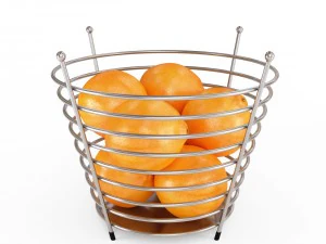 кошик для фруктів з хромованого дроту з фруктами з апельсинами 3D Модель