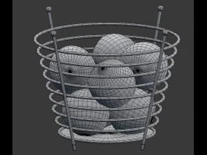 chrome wire fruit basket with fruits with oranges 3D Model