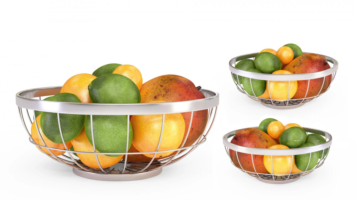 3d chrome wire grid fruit basket with fruits with oranges limes and mangos 3D Model .c4d .max .obj .3ds .fbx .stl .blend 