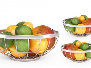 3d chrome wire grid fruit basket with fruits with oranges limes and mangos 3D Model