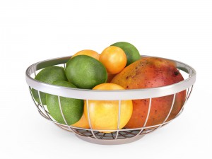 3d chrome wire grid fruit basket with fruits with oranges limes and mangos Modelo 3D
