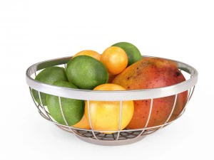 3d chrome wire grid fruit basket with fruits with oranges limes and mangos 3D Model