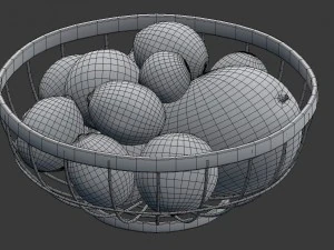 3d chrome wire grid fruit basket with fruits with oranges limes and mangos 3D Model