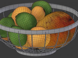 3d chrome wire grid fruit basket with fruits with oranges limes and mangos Modelo 3D