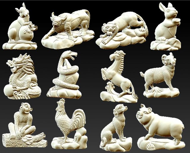 12 chinese zodiacs 3D Print Model .c4d .max .obj .3ds .fbx .lwo .lw .lws