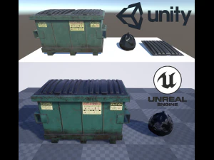 lowpoly pbr rusty dumpster and trashbag 3D Model