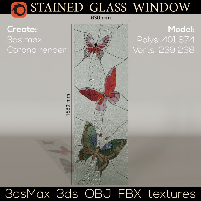 stained glass window butterfly 3D मॉडल .c4d .max .obj .3ds .fbx .stl .blend 