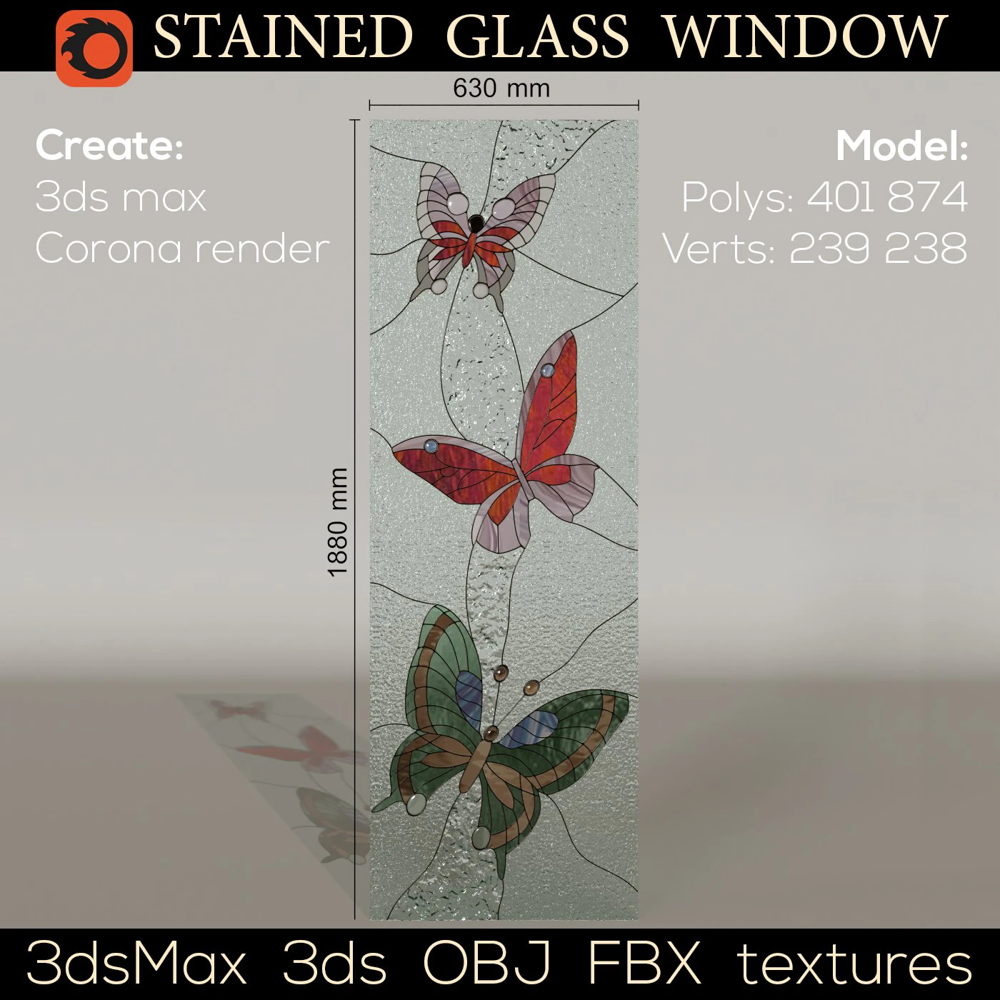 stained glass window butterfly 3D Model .c4d .max .obj .3ds .fbx .stl .blend