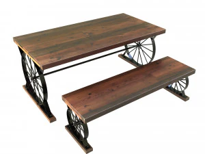wagon wheel dining table bench 3D Model