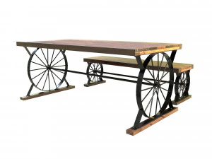 wagon wheel dining table bench 3D Model