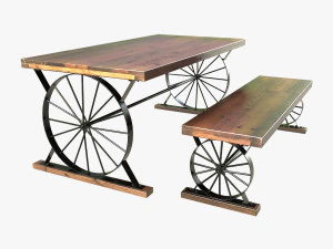wagon wheel dining table bench 3D Model