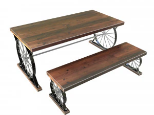 wagon wheel dining table bench 3D Model