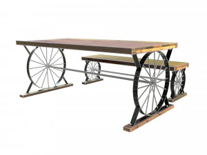 wagon wheel dining table bench 3D Model