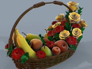 keranjang dengan bunga dan buah-buahan Model 3D