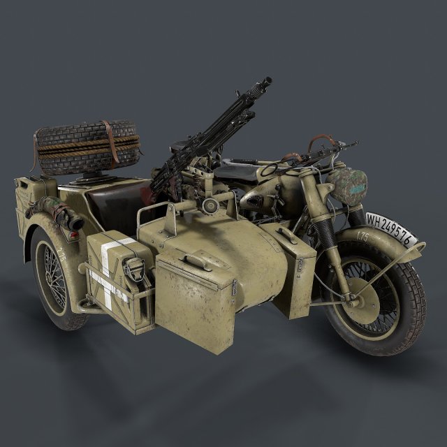 german motorcycle with sidecar ww2 3D Модель .c4d .max .obj .3ds .fbx .stl .blend 