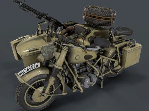 german motorcycle with sidecar ww2 3D Model