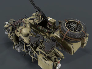 german motorcycle with sidecar ww2 3D Model