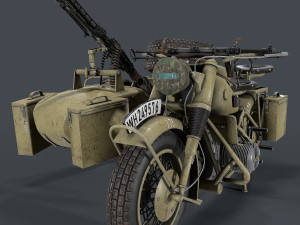german motorcycle with sidecar ww2 3D Модель