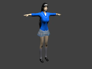 조작되고 게임 준비가 된 파란색 드레스를 입은 여학생 3D 모델