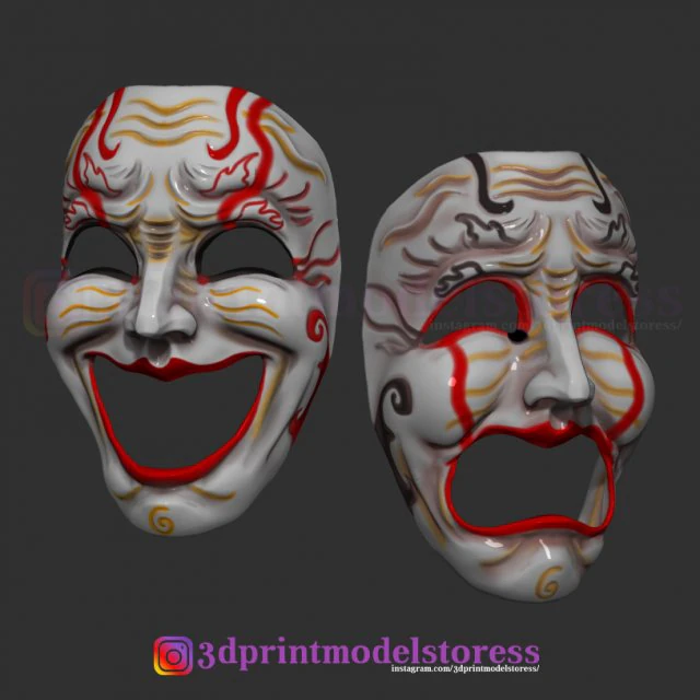 conjunto de m&aacute;scaras de teatro de comedia y tragedia disfraz casco de halloween Modelo de impresión 3D .c4d .max .obj .3ds .fbx .stl .blend 
