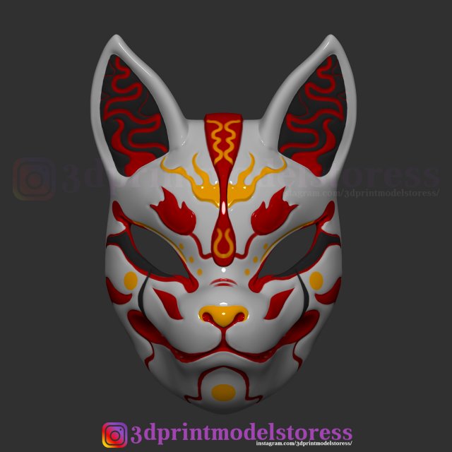 japanese fox mask demon kitsune costume cosplay helmet stl file 3D Baskı Modeli .c4d .max .obj .3ds .fbx .stl .blend 