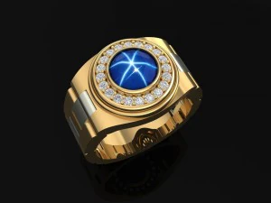 золота чоловіча каблучка з діамантом і сапфіром 3D Принт Модель