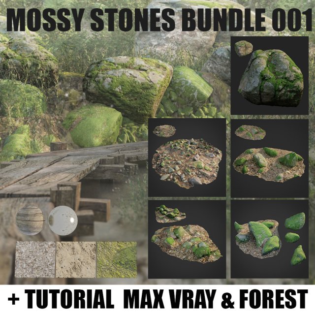 mossy stones bundle 001 3D Модель .c4d .max .obj .3ds .fbx .stl .blend 