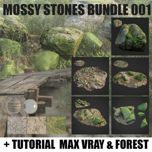 mossy stones bundle 001 3D Model .c4d .max .obj .3ds .fbx .stl .blend