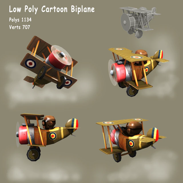 low poly ww1 cartoon biplane 3D Model .c4d .max .obj .3ds .fbx .stl .blend