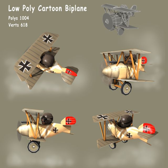 low poly ww1 cartoon biplane - albatros Model 3D .c4d .max .obj .3ds .fbx .stl .blend 