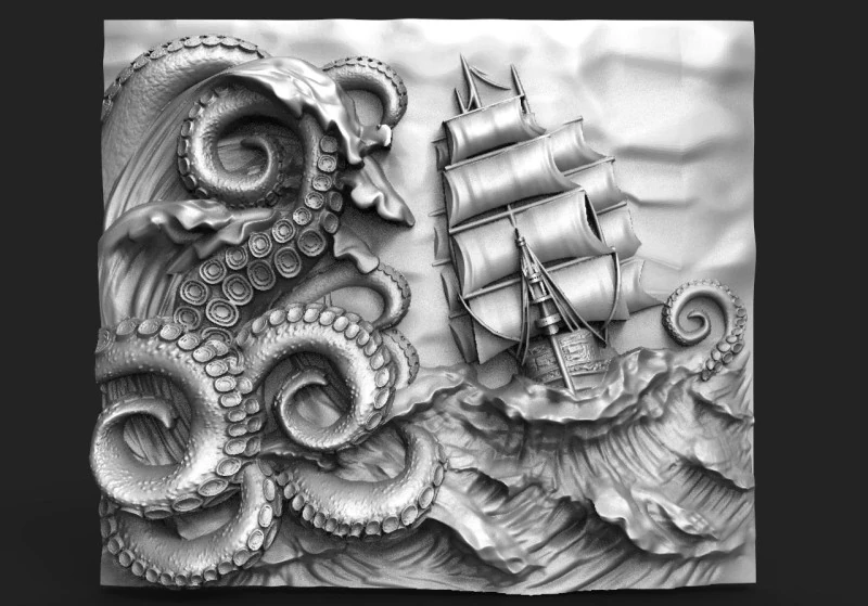 Ship and tentacles CNC 3D Print Model .c4d .max .obj .3ds .fbx .stl .blend 