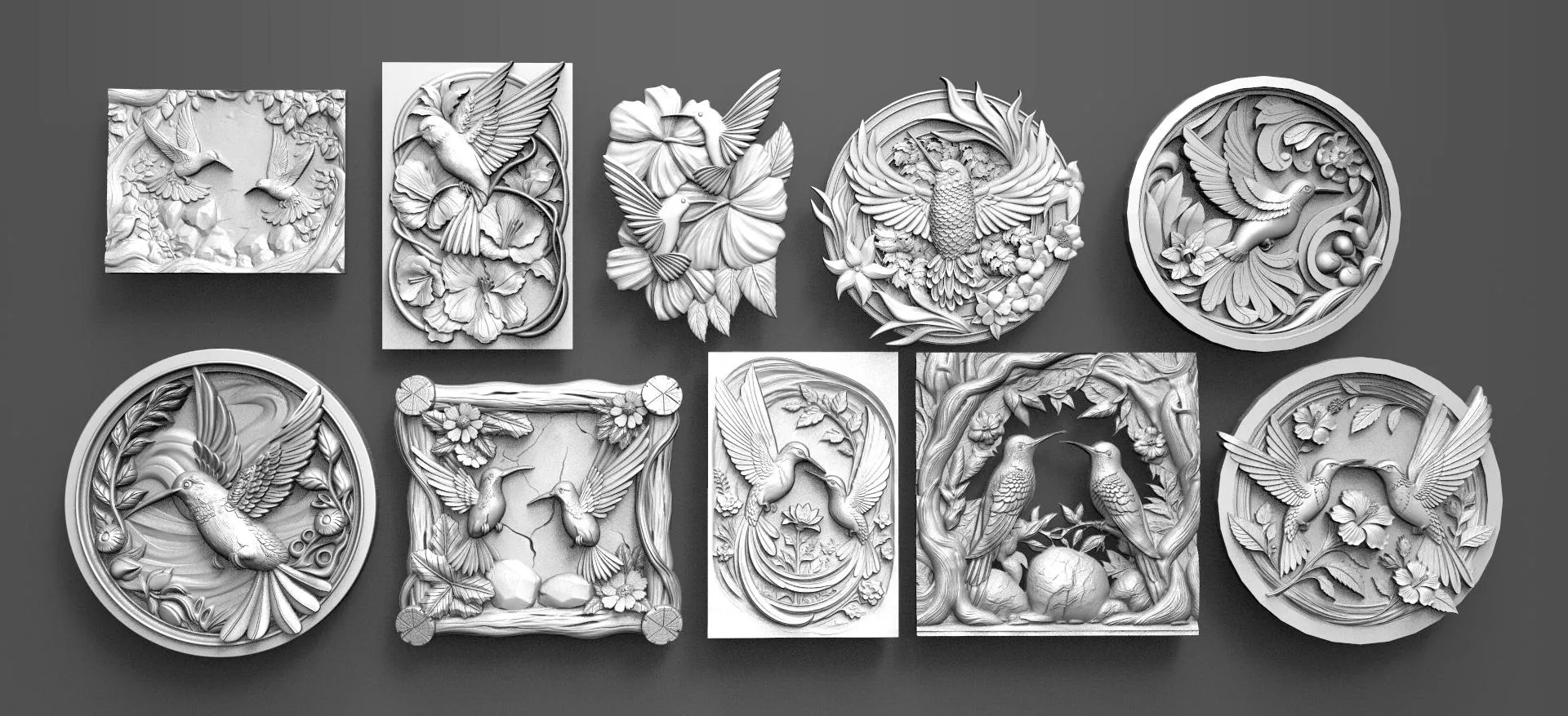 Hummingbird Collection Vol 1 10 CNC Relief Models Bundle 3D Carving Files for CNC Router Natu 3D Print Model .c4d .max .obj .3ds .fbx .stl .blend 