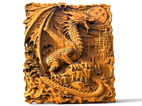 Dragon Moon CNC Relief STL Fantasy Dragon Wall Art for CNC Router and 3D Carving 3D Print Model