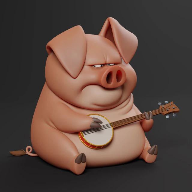 Pig with banjo 3D Print Model .c4d .max .obj .3ds .fbx .stl .blend