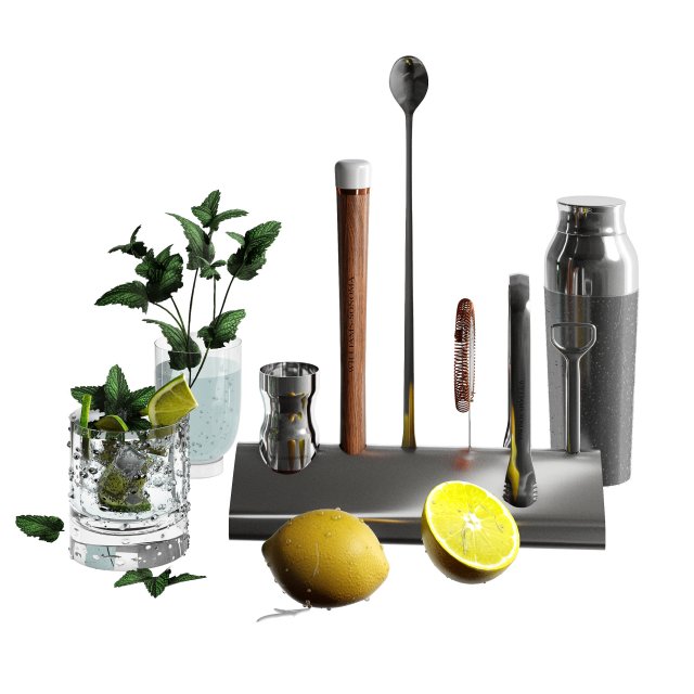 Williams Sonoma Signature Bar Tool Set with Stand Cocktail Shaker 3D Модель .c4d .max .obj .3ds .fbx .stl .blend 