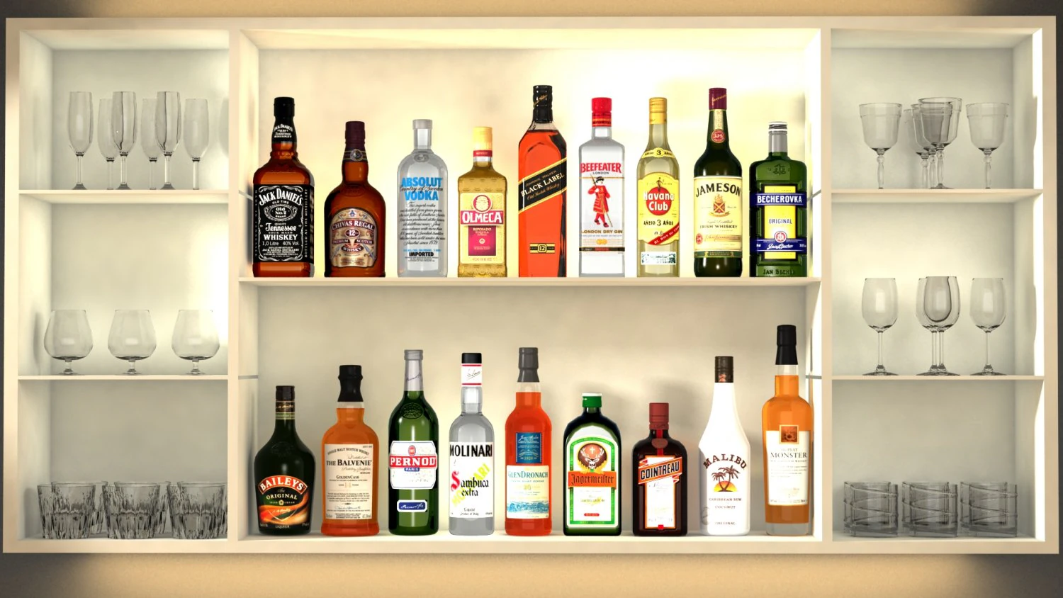 liquor bottles with bar unit interior 3D Model .c4d .max .obj .3ds .fbx .stl .blend 