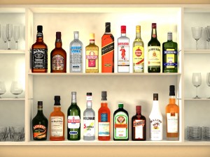 liquor bottles with bar unit interior 3D Model