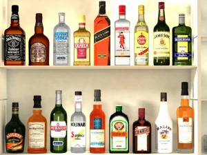 liquor bottles with bar unit interior 3D Model