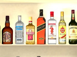 liquor bottles with bar unit interior 3D Model
