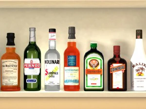 liquor bottles with bar unit interior 3D Model
