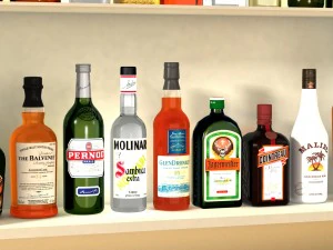 liquor bottles with bar unit interior 3D Model