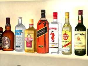 liquor bottles with bar unit interior 3D Model