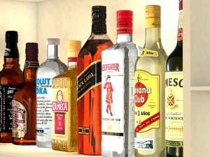 liquor bottles with bar unit interior 3D Model