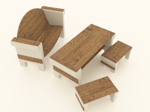 set of garden furniture made of concrete and wood 3D 모델
