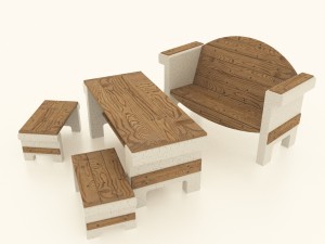 set of garden furniture made of concrete and wood Modello 3D