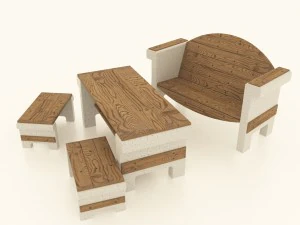 set of garden furniture made of concrete and wood 3D Model