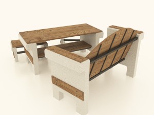 set of garden furniture made of concrete and wood Modello 3D