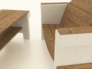 set of garden furniture made of concrete and wood 3D Model